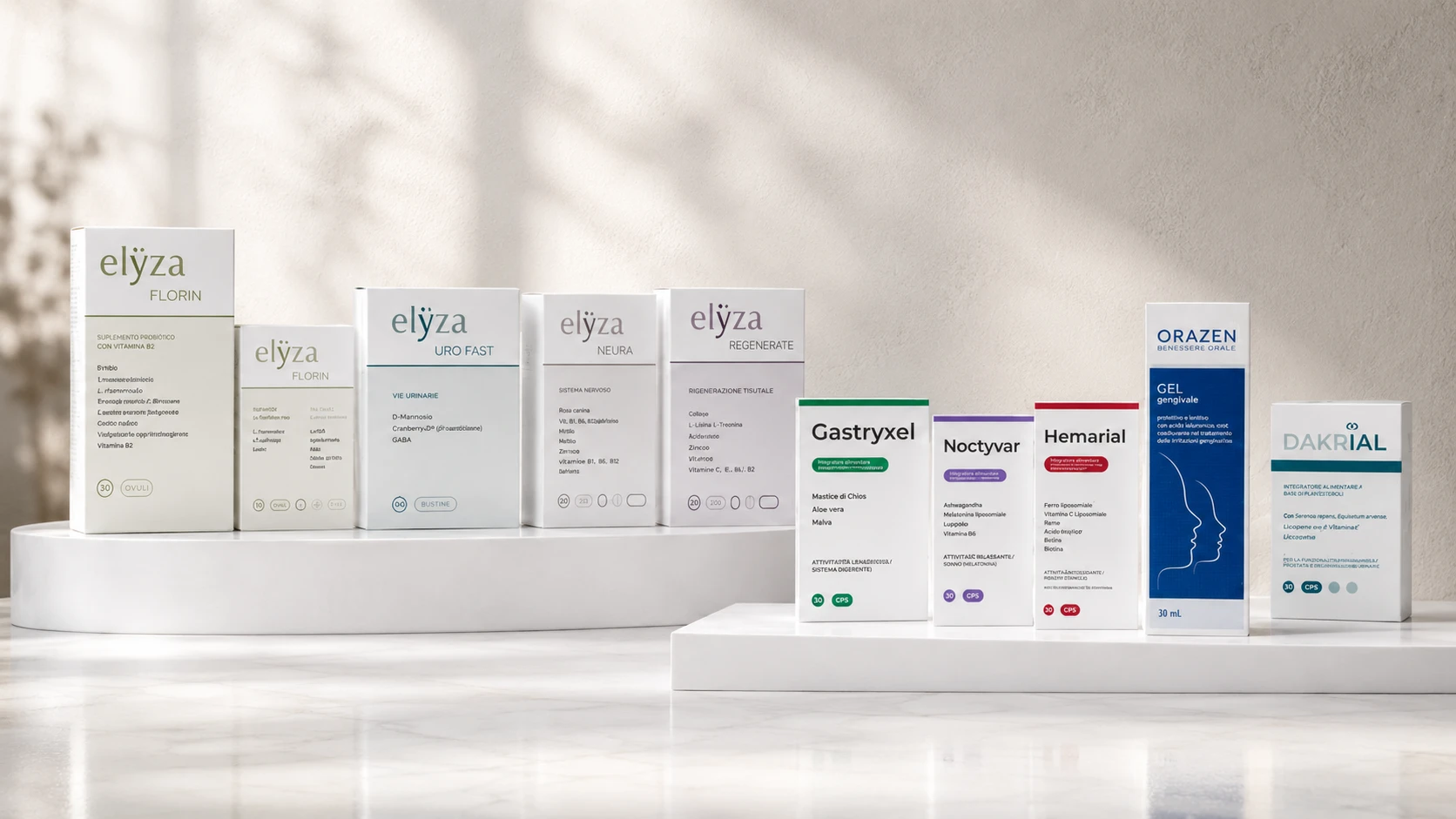 Confezioni dei prodotti Celeno Pharma: Elyza, Gastryxel, Noctyvar, Hemarial, Orazen e Dakrial